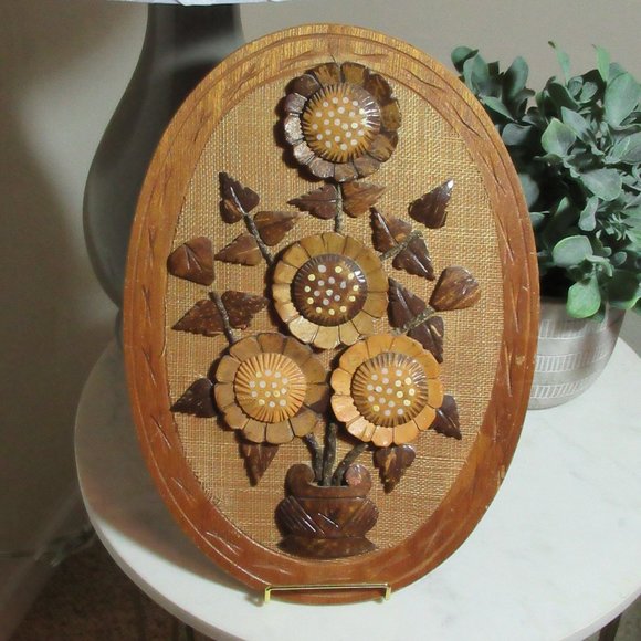 Source Unknown Other - Vintage Hand-Carved Coconut Shell Flower Arrangement on Plaque